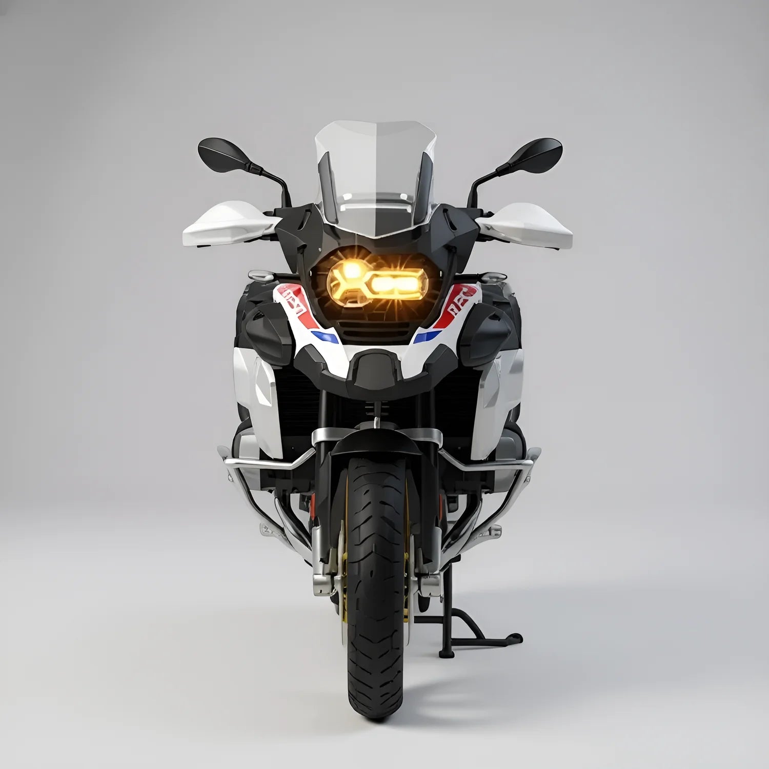 Miniature moto adventure 1/6 tricolore phare LED amber allumé – vue frontale – fonctions lumière son fumée smoke and sound die-cast