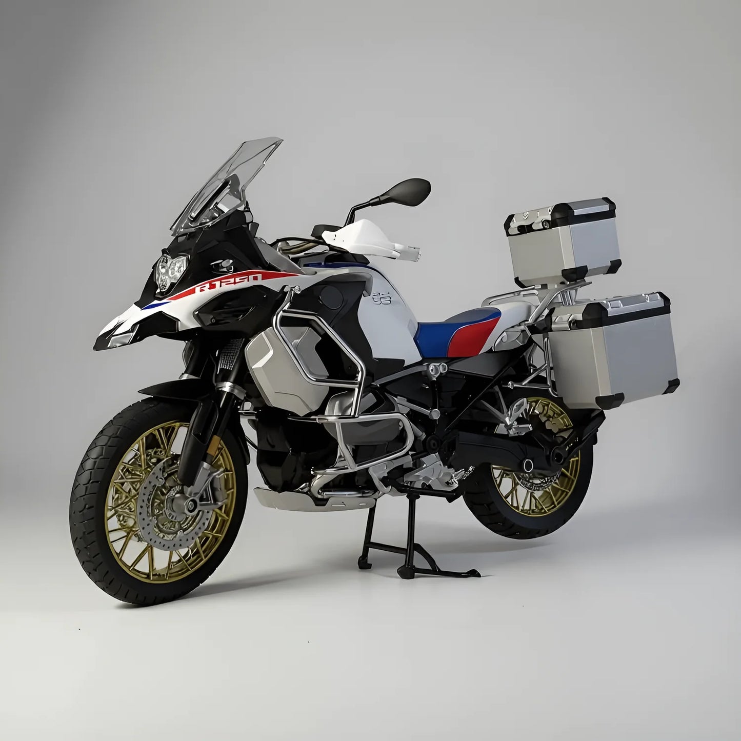 Miniature moto adventure 1/6 version tricolore blanc rouge bleu – vue avant 3/4 – modèle die-cast avec effet fumée son lumière