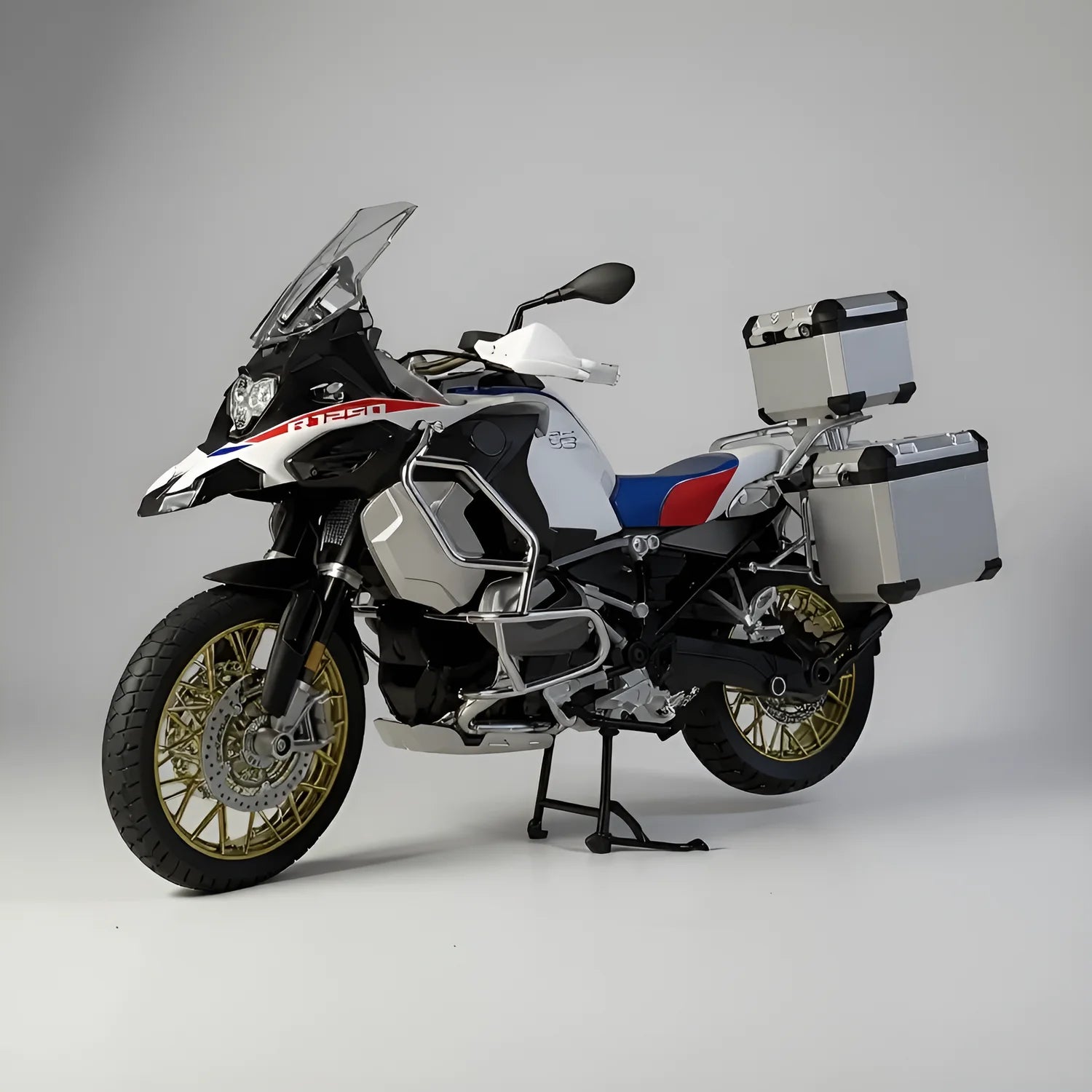 Miniature moto adventure 1/6 version tricolore blanc rouge bleu – vue avant 3/4 – modèle die-cast avec effet fumée son lumière