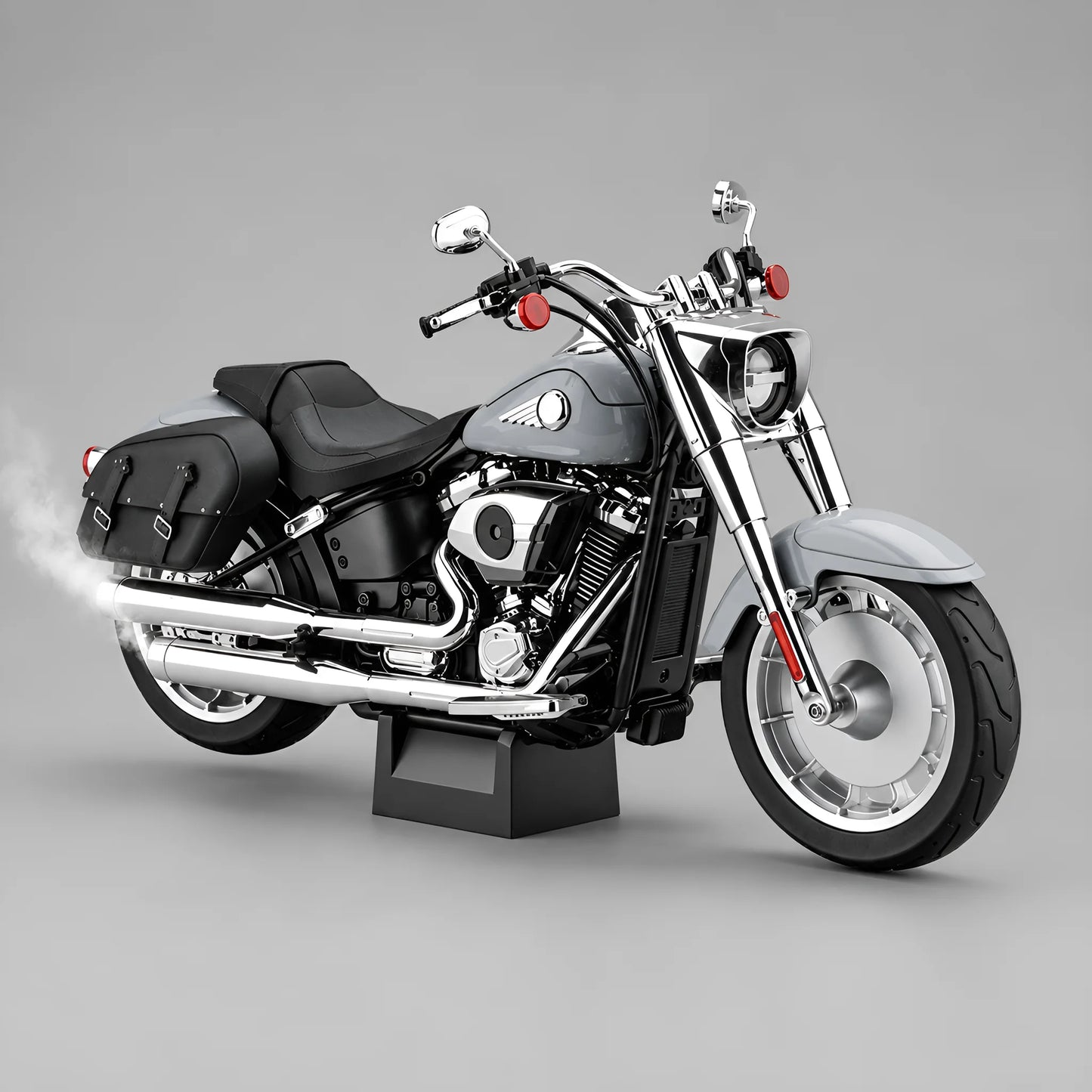 Miniature moto Fat Boy 1:6 coloris gris - effet fumée échappement chromé, moteur V-twin détaillé, sacoches cuir