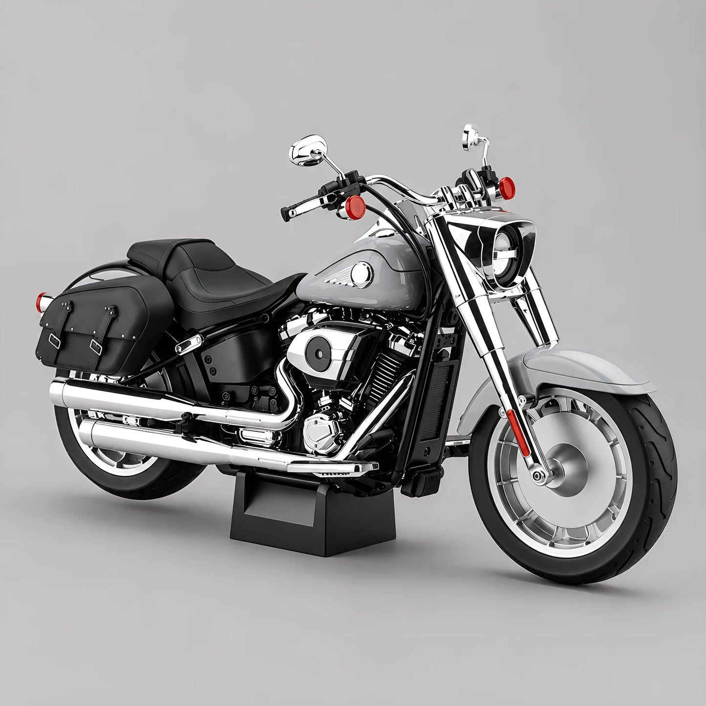 Miniature moto Fat Boy 1:6 coloris gris - réplique fidèle avec moteur V-twin chromé, sacoches et fourches avant