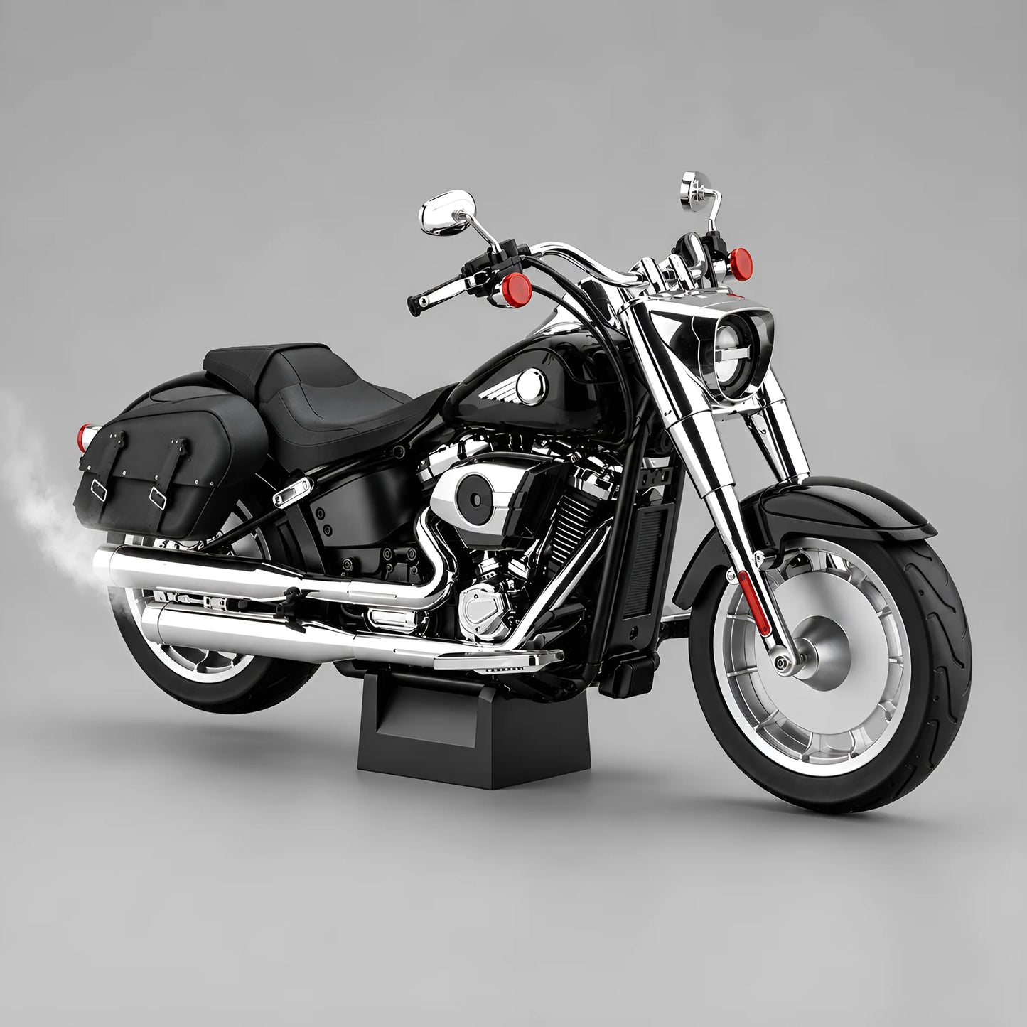 Miniature moto Fat Boy 1:6 coloris noir - effet fumée échappement chromé, moteur V-twin détaillé, sacoches cuir