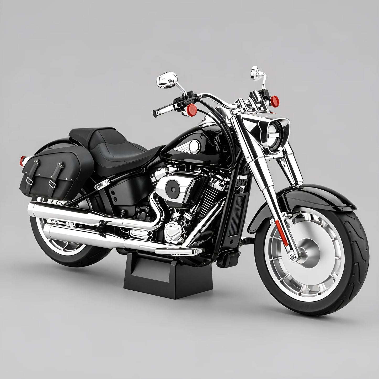 Miniature moto Fat Boy 1:6 coloris noir - réplique fidèle avec moteur V-twin chromé, sacoches et fourches avant