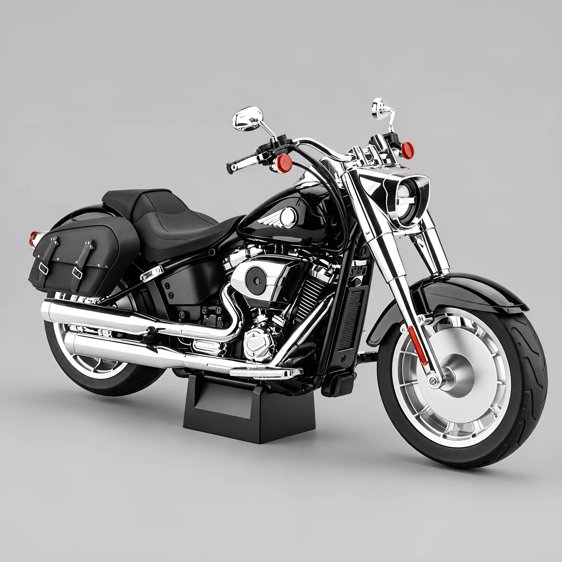 Miniature moto Fat Boy 1:6 coloris noir - réplique fidèle avec moteur V-twin chromé, sacoches et fourches avant