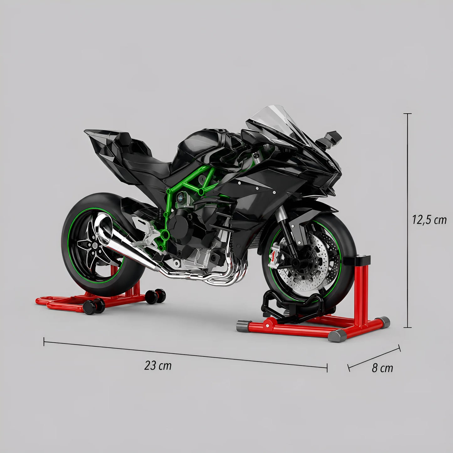 Modèle réduit moto style H2R 1:9 — dimensions 23 x 8 x 12,5 cm, stands rouges inclus