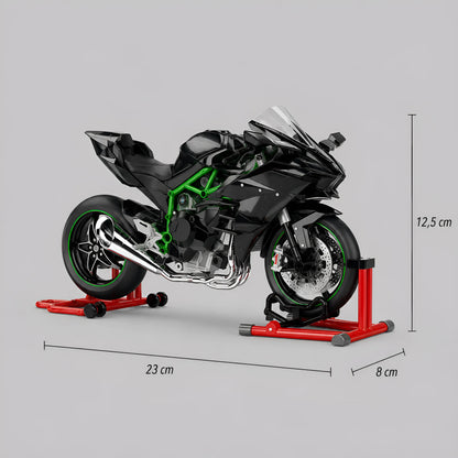 Modèle réduit moto style H2R 1:9 — dimensions 23 x 8 x 12,5 cm, stands rouges inclus