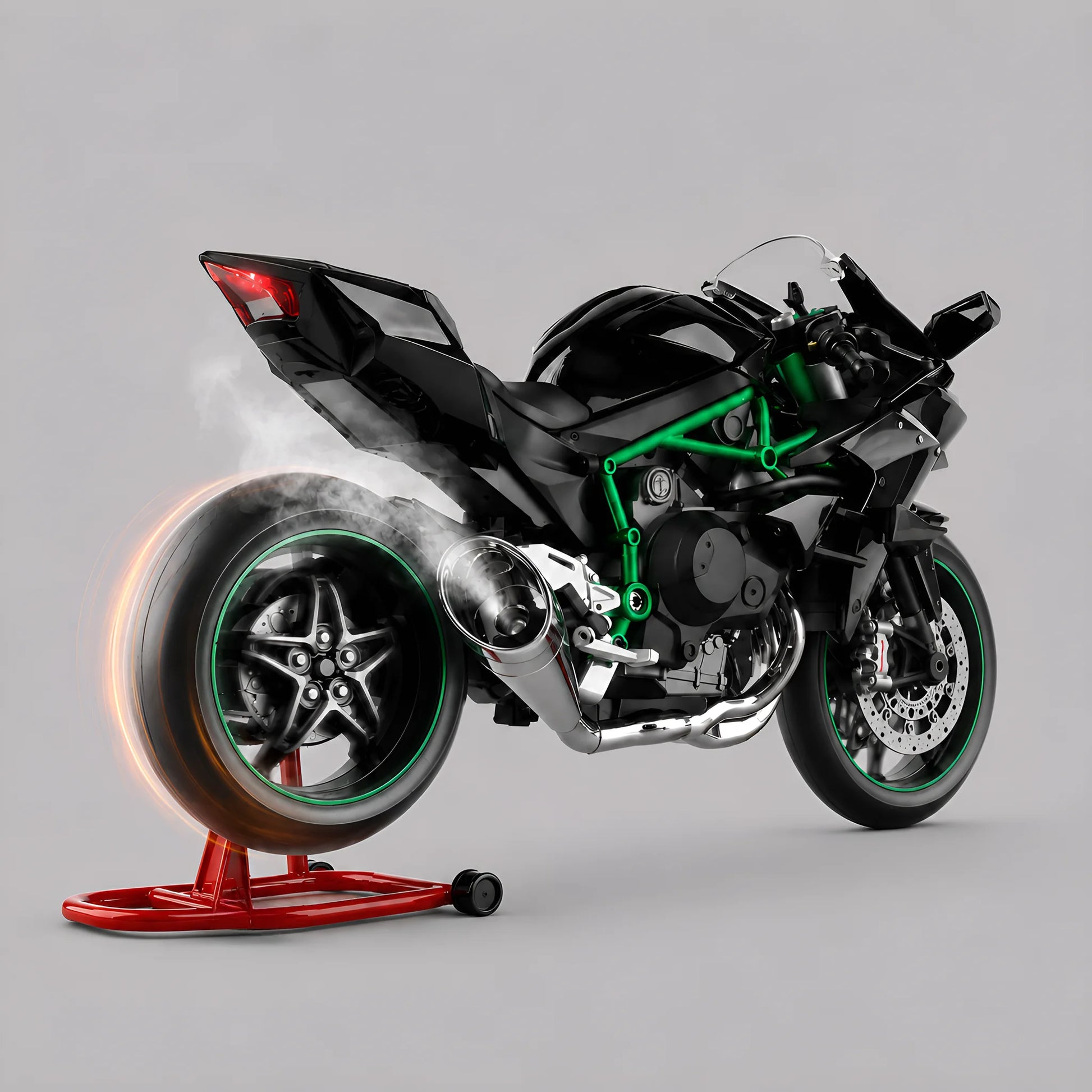Miniature moto style Ninja H2R 1:9 — roue arrière motorisée en action avec effet fumée et lueur de feu
