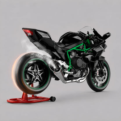 Miniature moto style Ninja H2R 1:9 — roue arrière motorisée en action avec effet fumée et lueur de feu