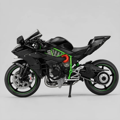 Miniature moto style Ninja H2R échelle 1:9 — vue profil gauche, carénage noir brillant, cadre vert