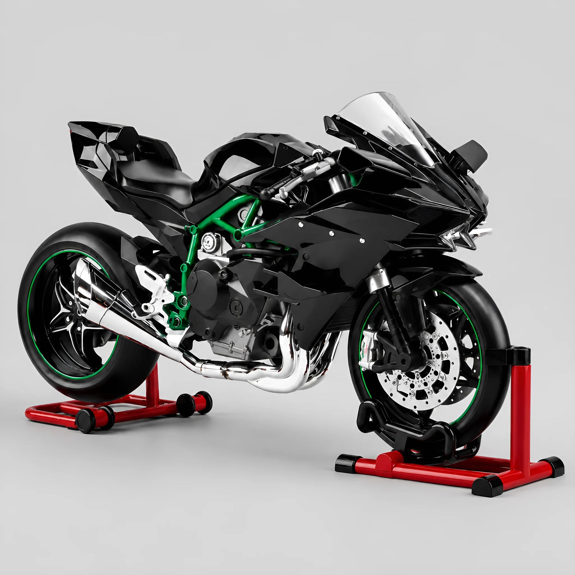 Modèle réduit moto style Ninja H2R 1:9 — carénage noir brillant, cadre vert, stands rouges