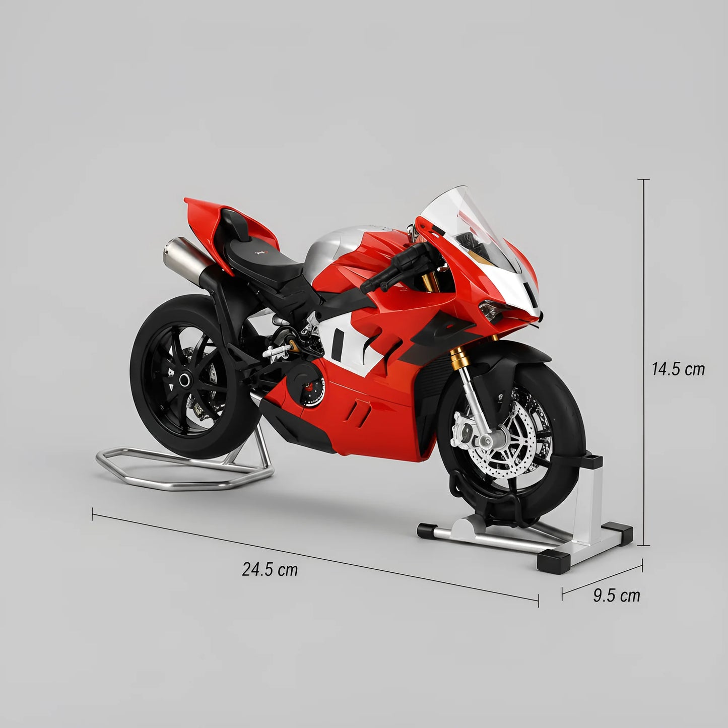 Modèle réduit moto style Panigale V4R 1:9 — dimensions 24,5 x 9,5 x 14,5 cm, stands chromés inclus