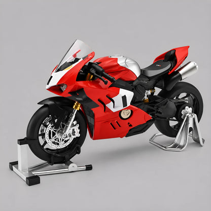 Moto miniature style Panigale V4R 1:9 — vue profil gauche, carénage rouge blanc argent, fourches dorées