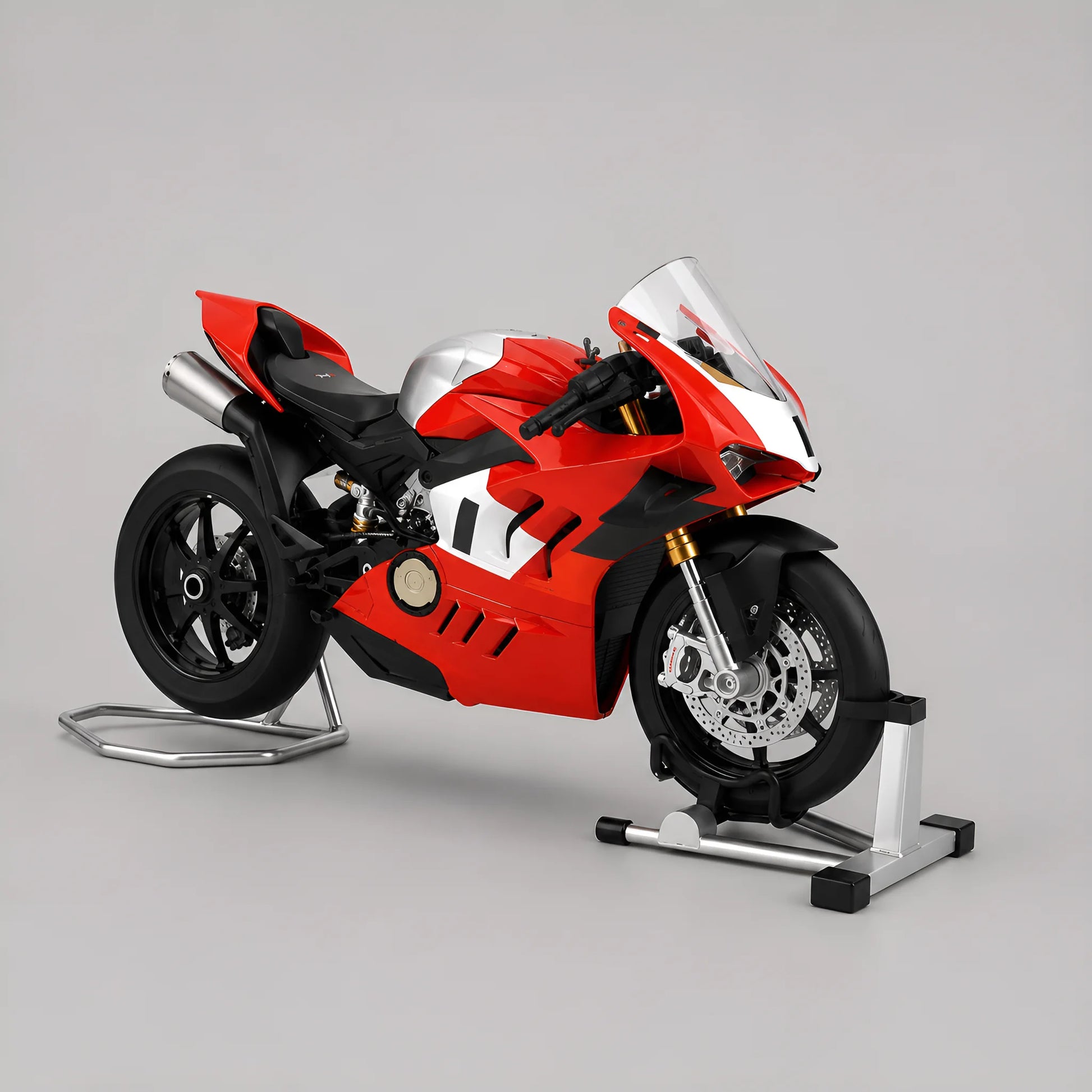 Miniature moto style Panigale V4R échelle 1:9 — vue 3/4 avant, carénage rouge et blanc, stands chromés