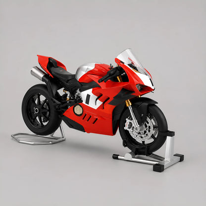 Miniature moto style Panigale V4R échelle 1:9 — vue 3/4 avant, carénage rouge et blanc, stands chromés