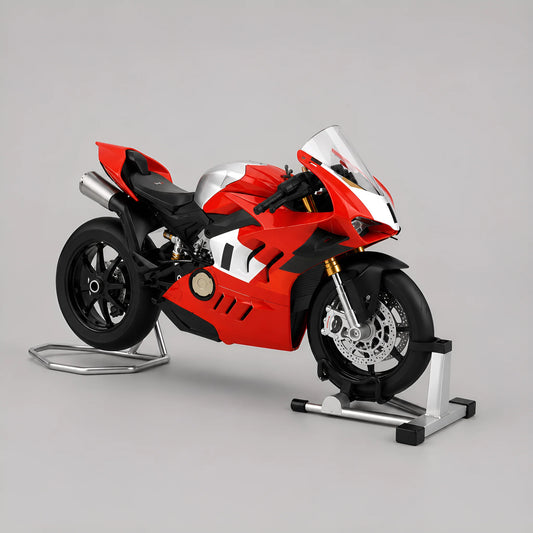Miniature moto style Panigale V4R échelle 1:9 — vue 3/4 avant, carénage rouge et blanc, stands chromés