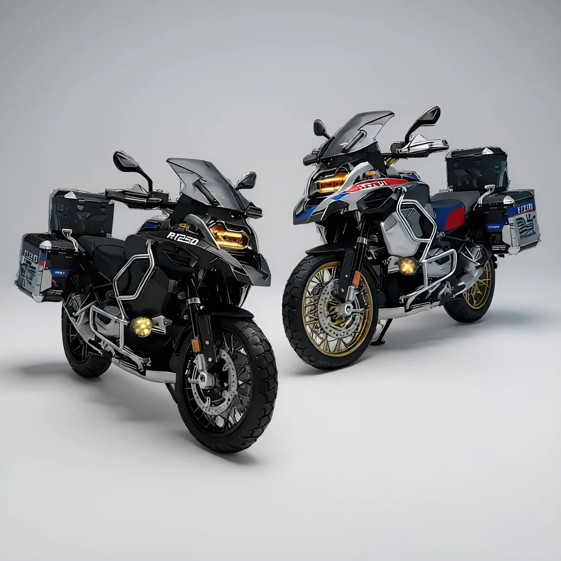 Miniature moto R1250GS Adventure deux variantes noir et tricolore avec effets LED échelle 1:7