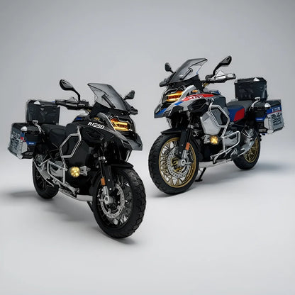 Miniature moto R1250GS Adventure deux variantes noir et tricolore avec effets LED échelle 1:7