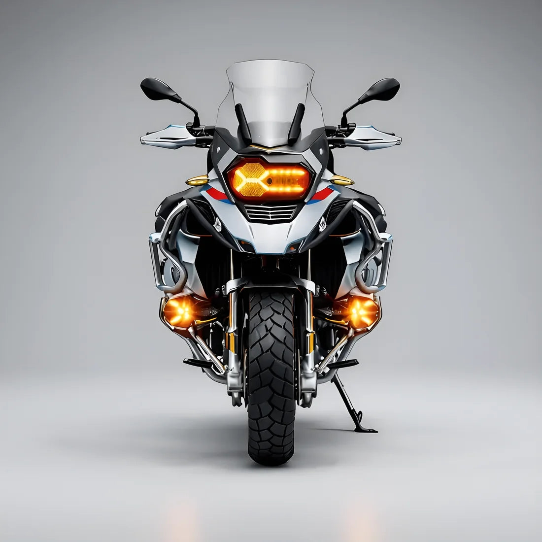 Miniature moto R1250GS face avant avec feux LED fonctionnels allumés échelle 1:7