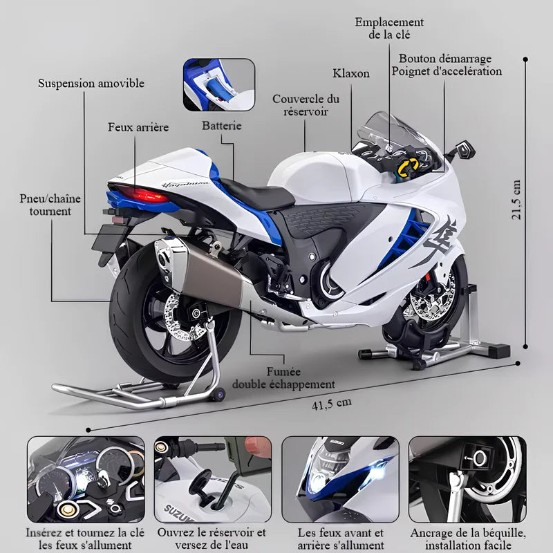 Miniature Hayabusa 1:6 - Schéma des fonctions interactives clé démarrage accélération fumée et lumières