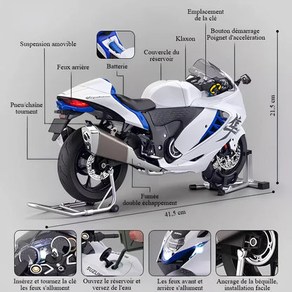 Miniature Hayabusa 1:6 - Schéma des fonctions interactives clé démarrage accélération fumée et lumières
