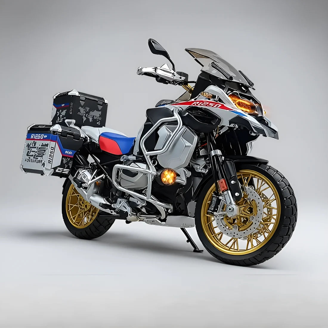Miniature moto R1250GS Adventure tricolore échelle 1:7 avec top cases et feux LED fonctionnels