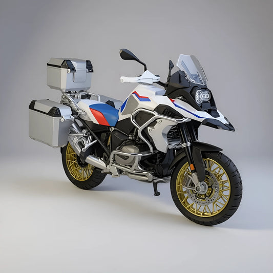 Miniature moto routière allemande échelle 1:9 avec valises et accessoires complets