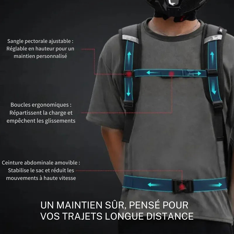 Sangles ergonomiques et ceinture abdominale du sac à dos moto pour un maintien optimal.
