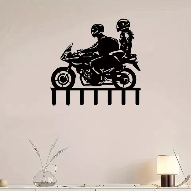 Porte-clés mural duo motard avec 7 crochets