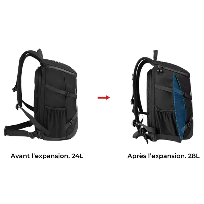Comparatif du sac à dos moto avant et après expansion de 24 à 28 litres.