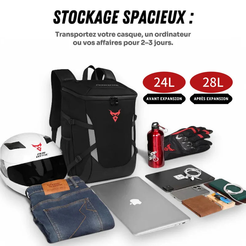 Sac à dos moto avec grande capacité de rangement, idéal pour casque, PC ou vêtements.