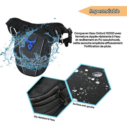 Test étanchéité sacoche jambe moto résistante à la pluie