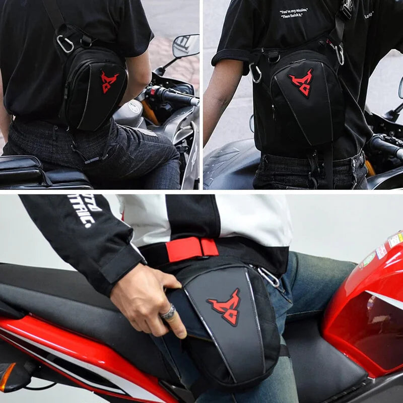 Sacoche cuisse moto portée en différentes positions sur la jambe, la poitrine et le dos