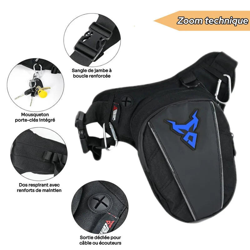 Détails fermetures éclair et sangles sacoche cuisse motard robuste