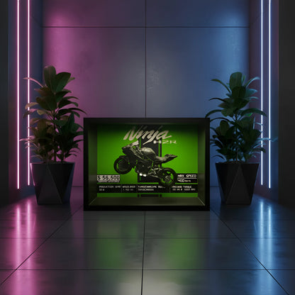 Tableau 3D Kawasaki Ninja H2R horizontal dans décor néon rose et bleu