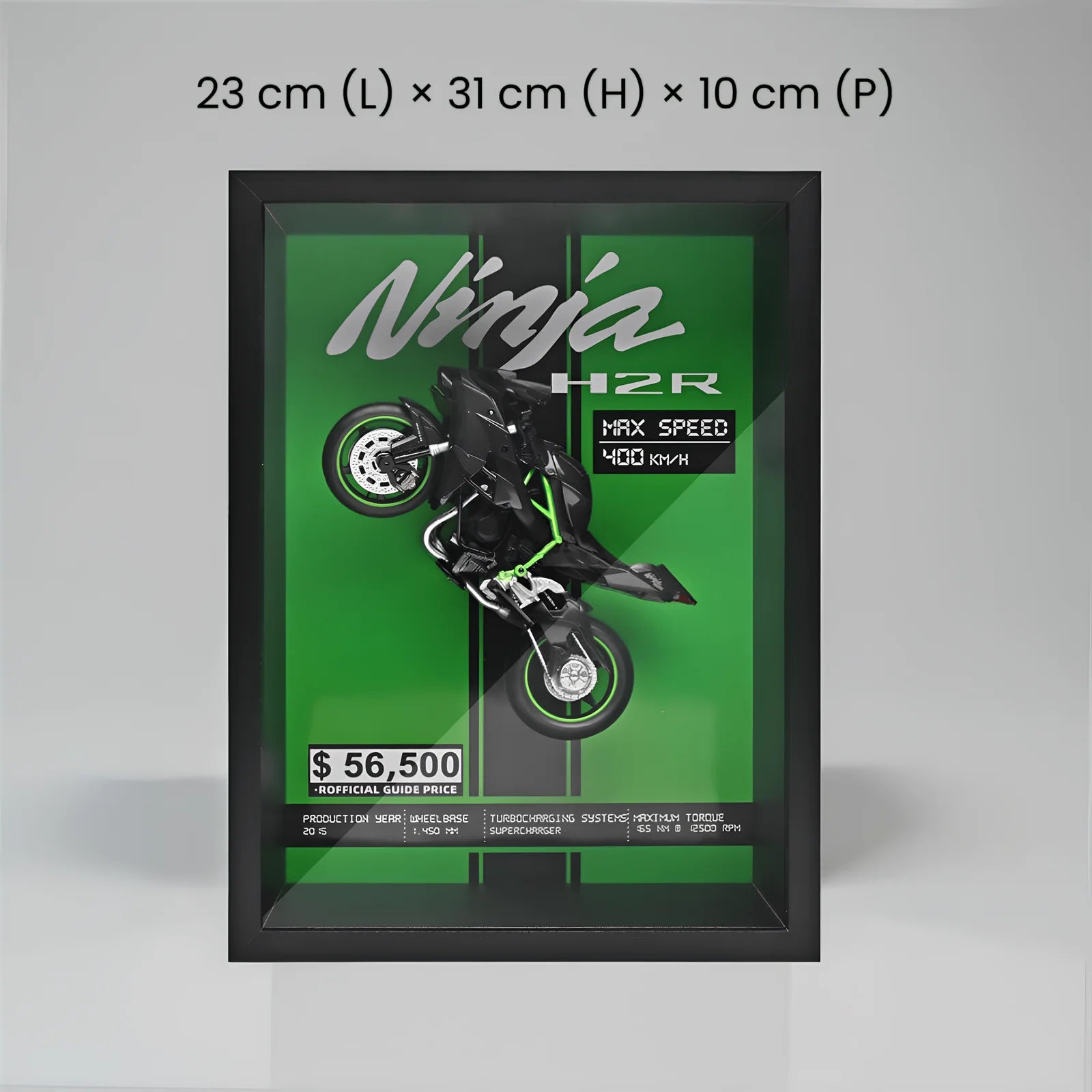 Dimensions du tableau 3D Kawasaki Ninja H2R vertical - 23cm x 31cm x 10cm