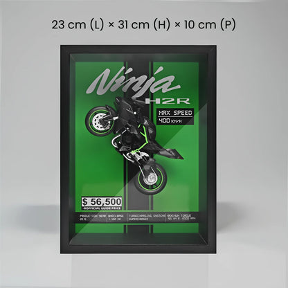 Dimensions du tableau 3D Kawasaki Ninja H2R vertical - 23cm x 31cm x 10cm