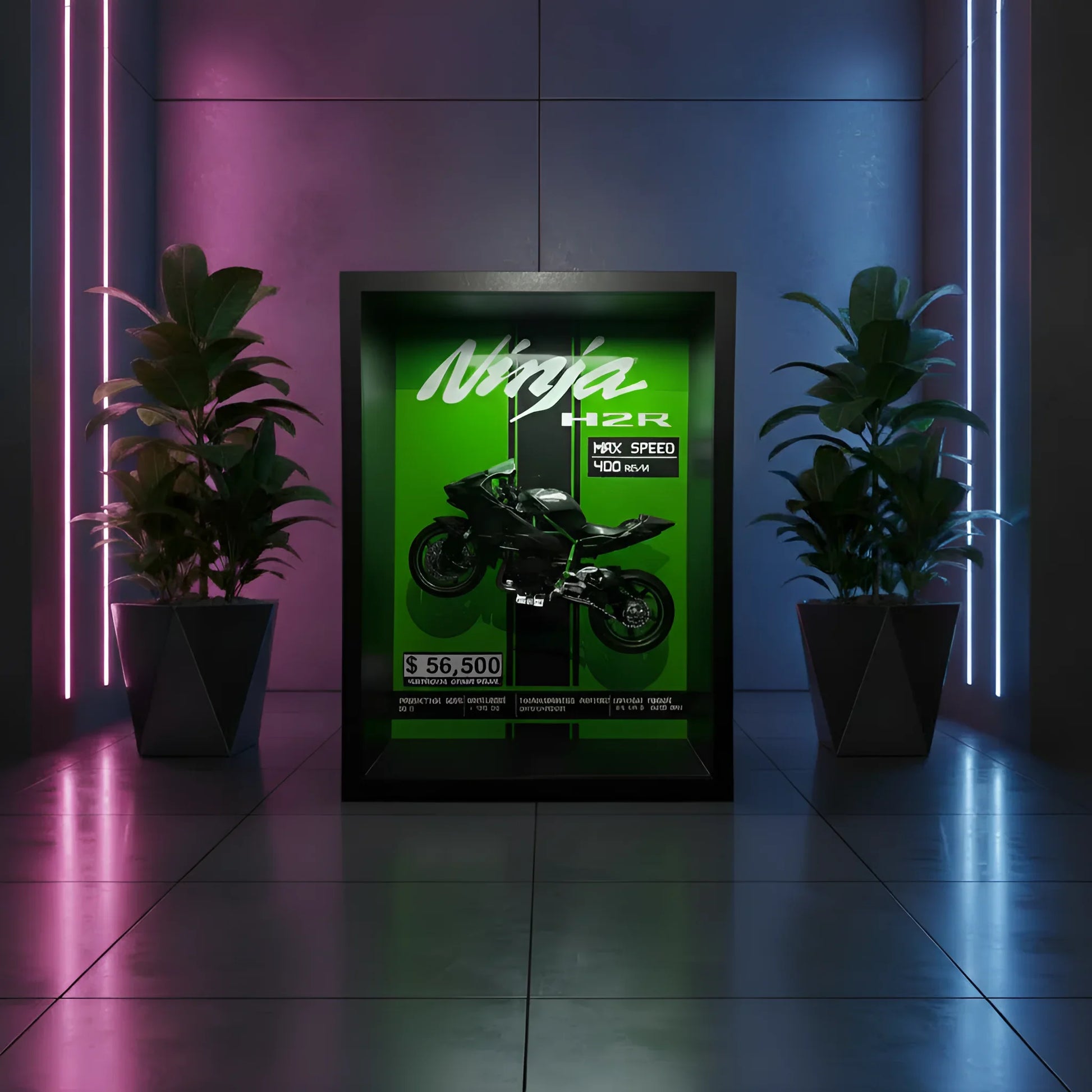 Tableau 3D Kawasaki Ninja H2R vertical dans ambiance néon rose et bleu
