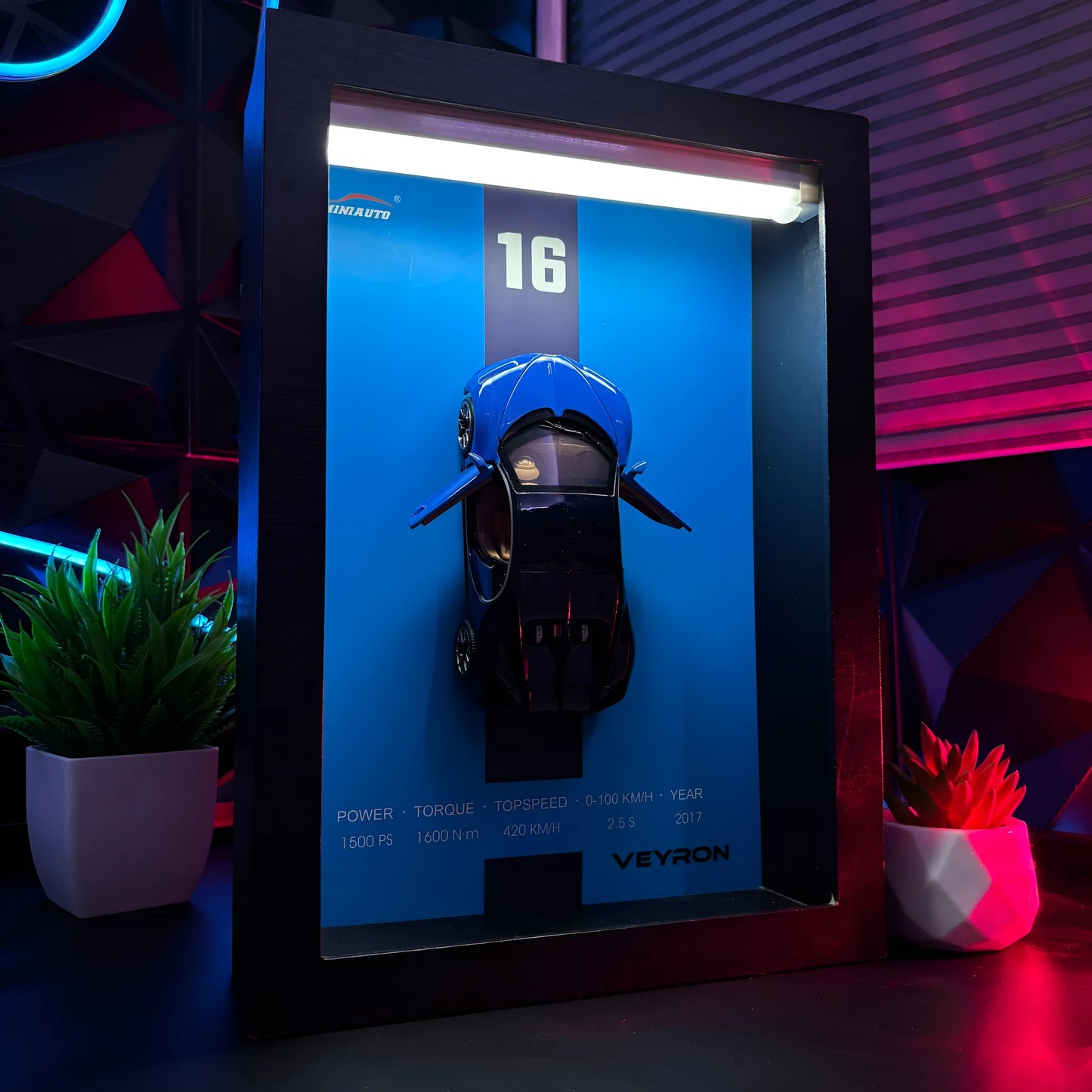 Tableau 3D LED hyper car Veyron bleue avec voiture miniature et éclairage LED ambiance