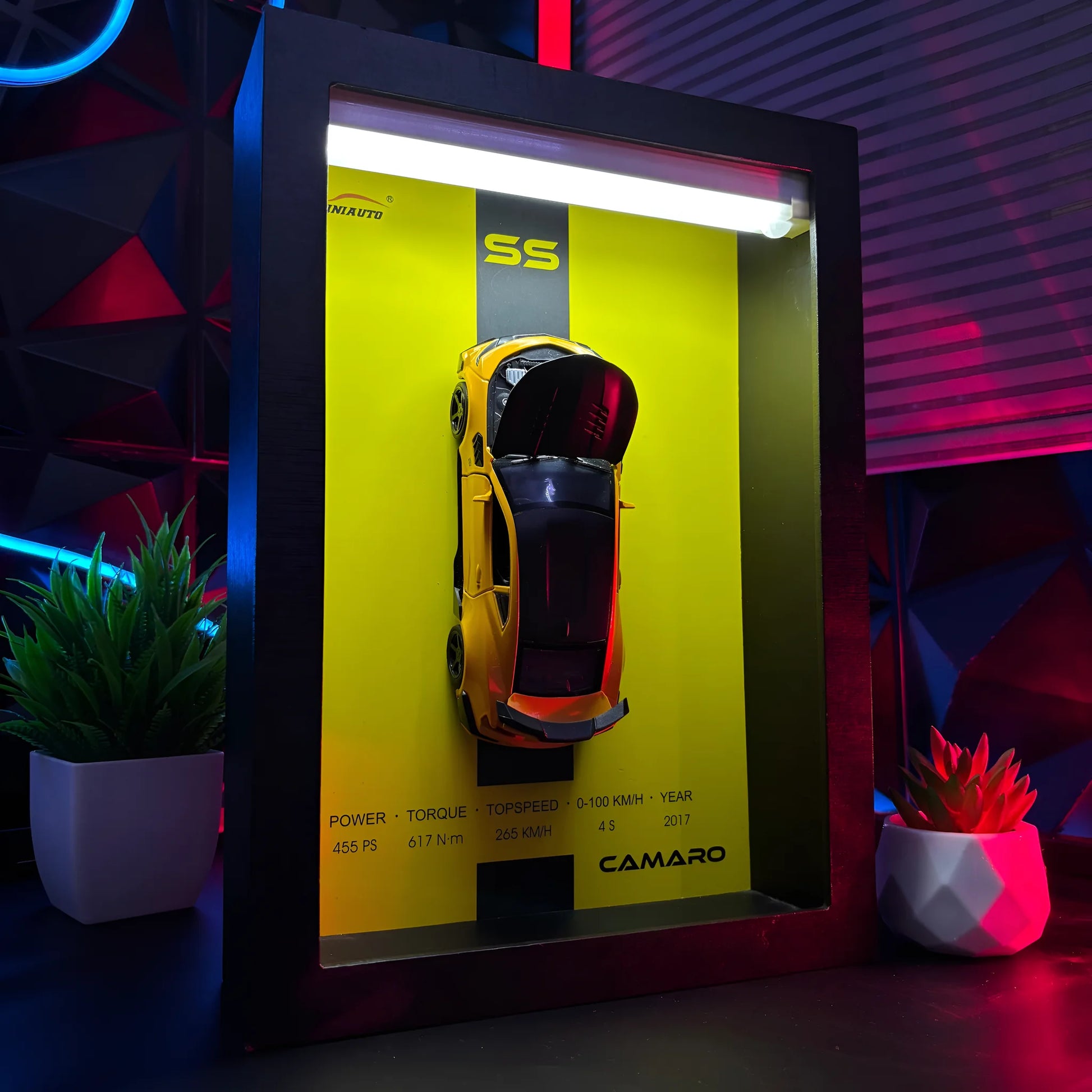 Tableau 3D LED muscle car Camaro jaune avec voiture miniature et éclairage LED ambiance