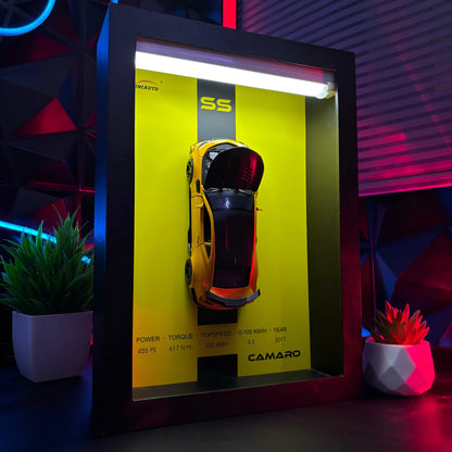 Tableau 3D LED muscle car Camaro jaune avec voiture miniature et éclairage LED ambiance