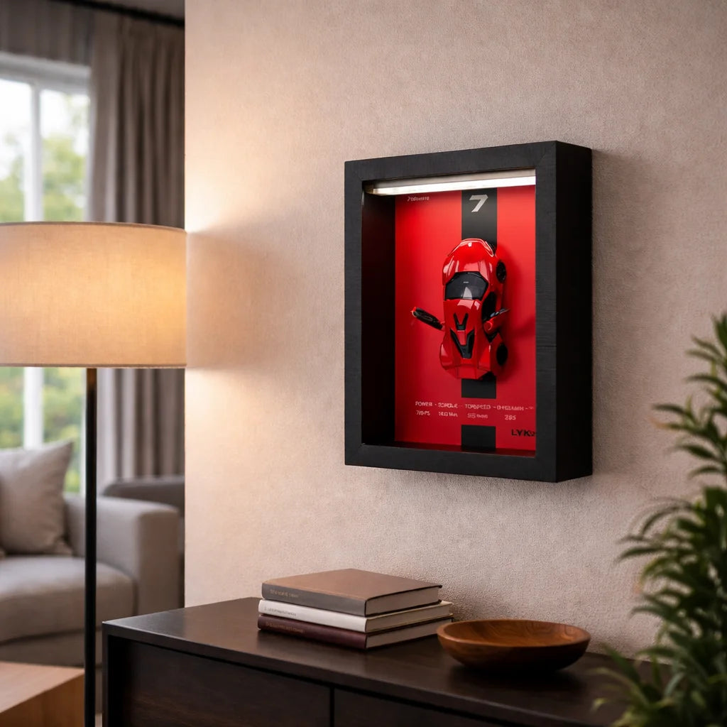 Tableau 3D LED Lykan rouge en situation salon - idée cadeau passionné hypercar