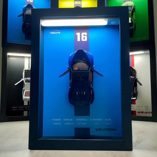 Tableau 3D LED Veyron bleu vue dessus - décoration murale hypercar française lumineuse
