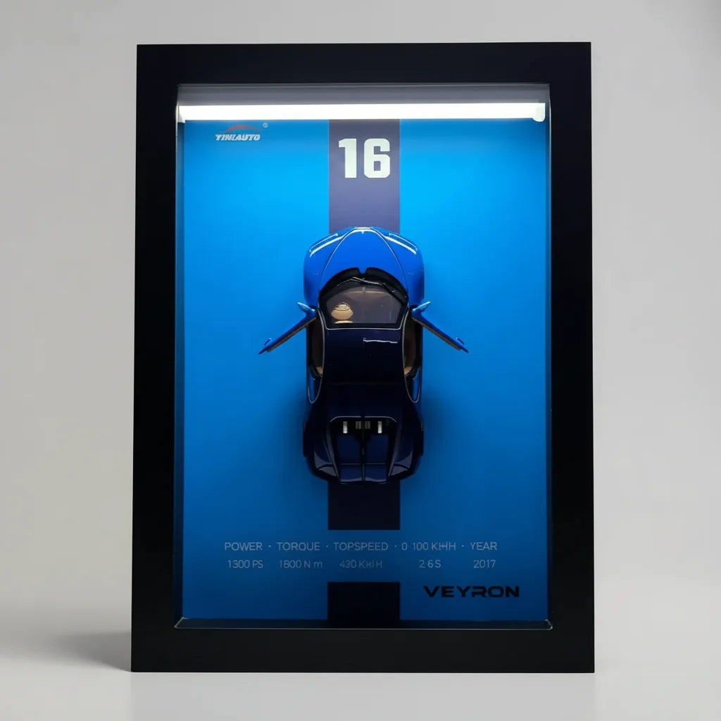 Tableau 3D LED Veyron bleu fond studio - déco murale hypercar française premium