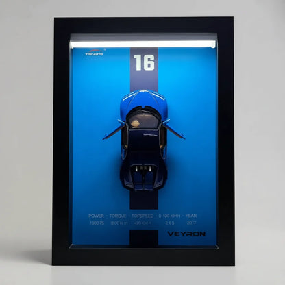 Tableau 3D LED Veyron bleu fond studio - déco murale hypercar française premium