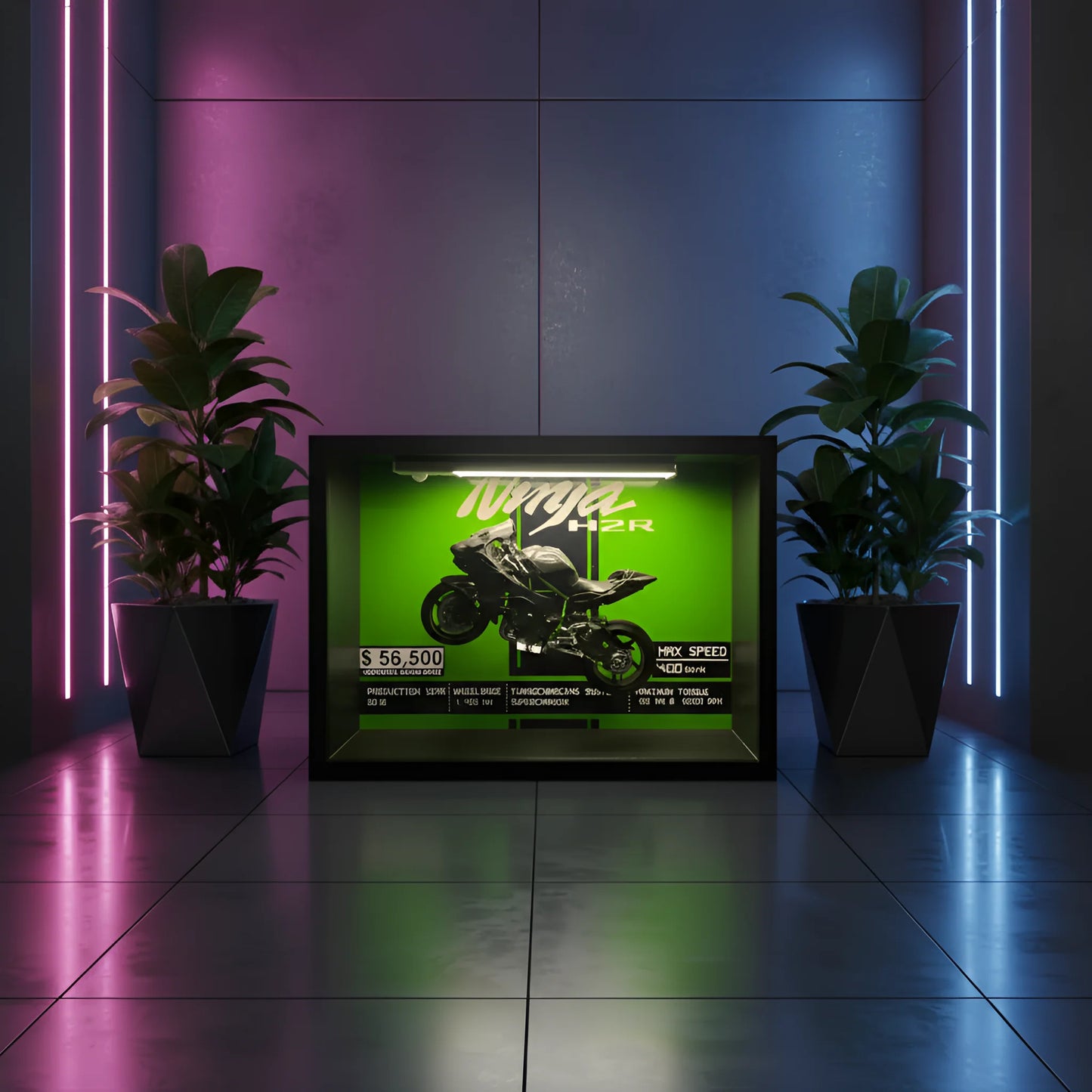 Tableau 3D LED Kawasaki Ninja H2R horizontal éclairé ambiance néon cyberpunk