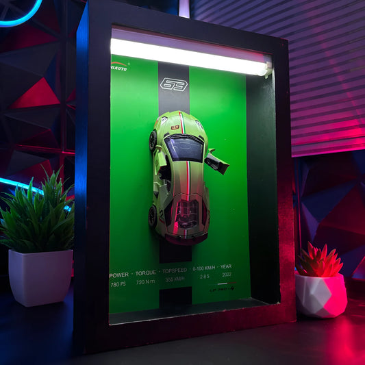 Tableau 3D LED supercar italienne LP780 vert avec voiture miniature et éclairage LED