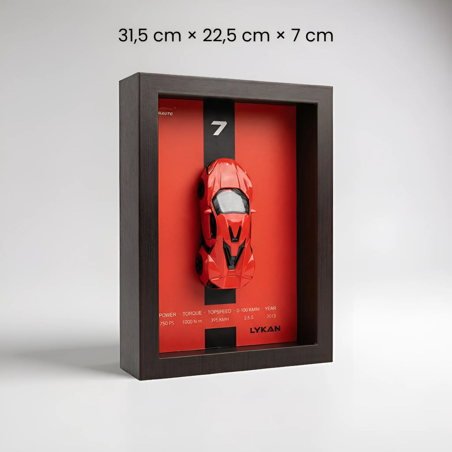 Tableau 3D LED hypercar Lykan dimensions 31,5x22,5x7 cm fond rouge décoration murale