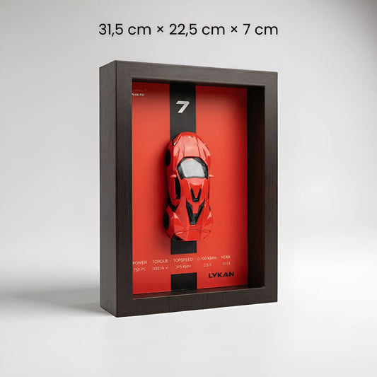 Tableau 3D LED hypercar Lykan dimensions 31,5x22,5x7 cm fond rouge décoration murale
