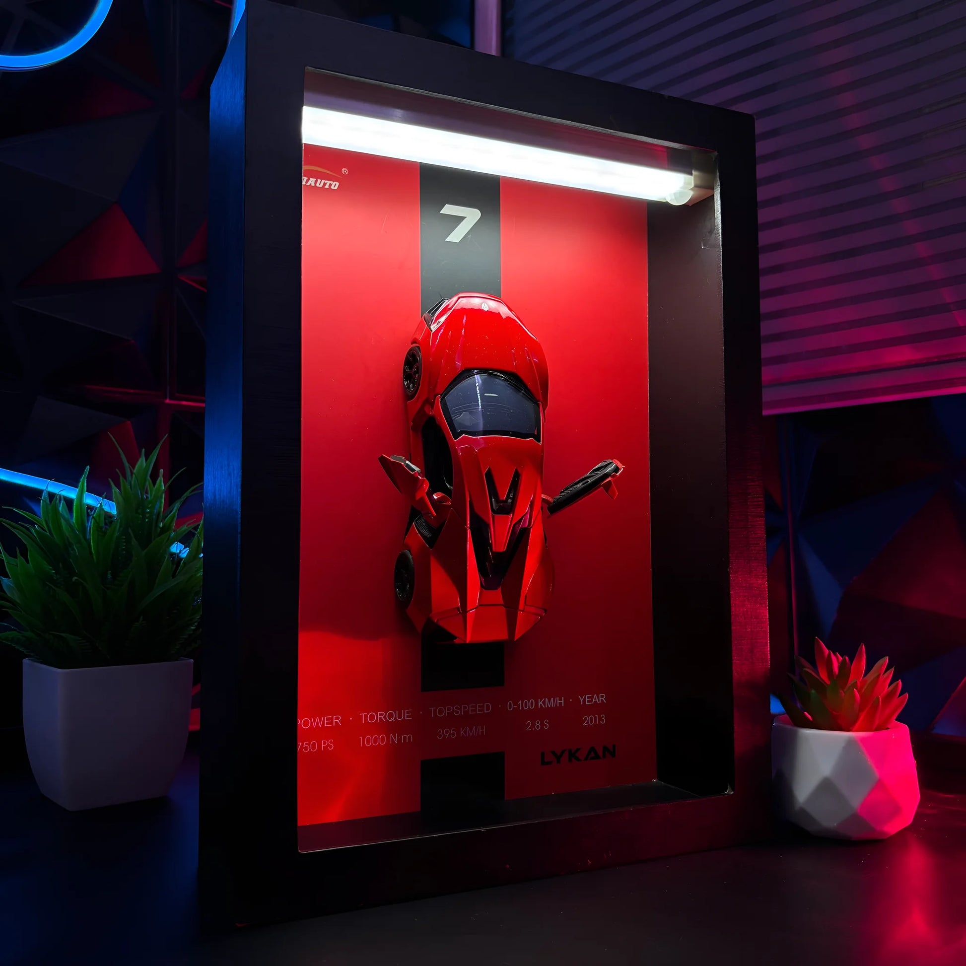 Tableau 3D LED hypercar Lykan rouge avec voiture miniature et éclairage LED ambiance