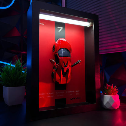 Tableau 3D LED hypercar Lykan rouge avec voiture miniature et éclairage LED ambiance